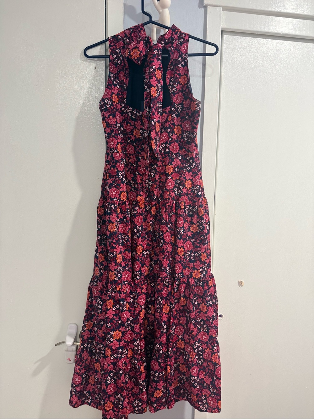 Chelsea28 Black Maxi Dress with Pink and Coral Floral Print and Tie Neck